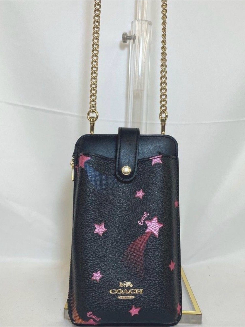 Coach Black Leather Crossbody Phone Bag with Pink Star Print